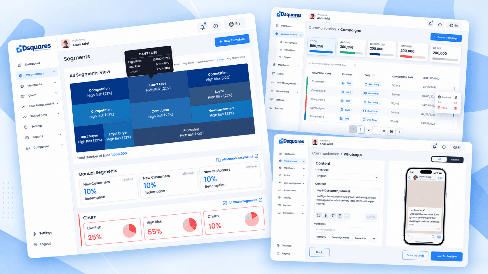 Dsquares dashboard: customer segments treemap, campaigns table and WhatsApp message composer