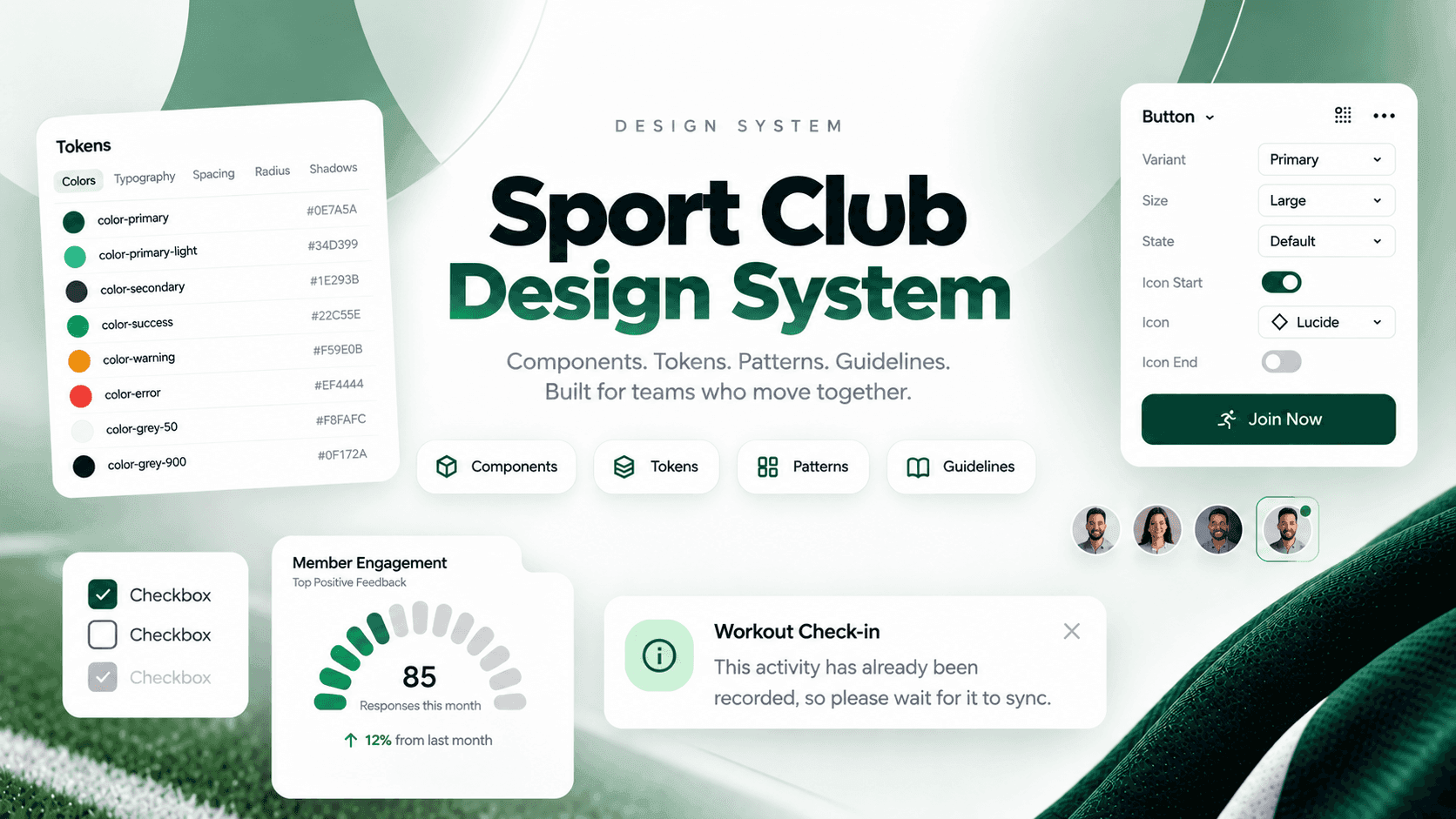 Sport Club Design System cover with tokens, button properties, checkboxes and an engagement widget